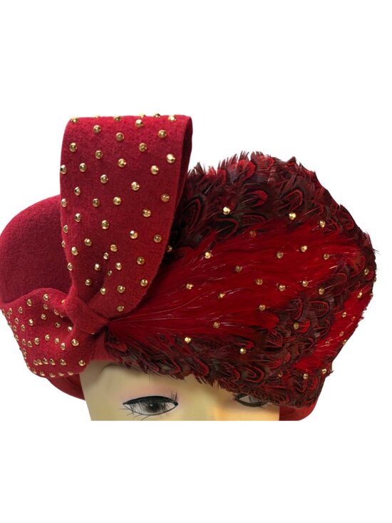 Vintage Mr. John Classic Red Feather Accent Mid Century Gold Stud Hat Church main image 5
